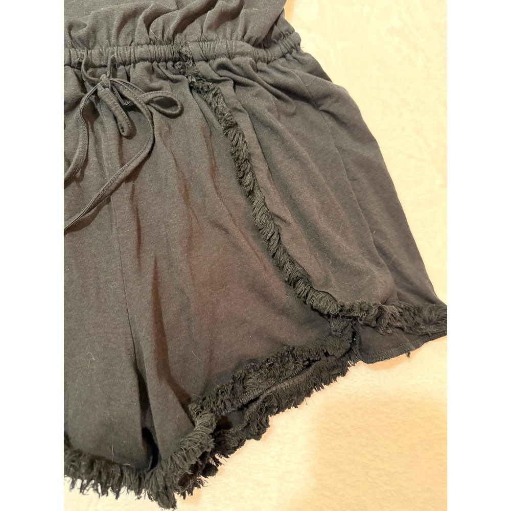 Lulus Black Fringe Trim Romper Small Sleeveless Drawstring Waist Tulip Shorts - Picture 4 of 5